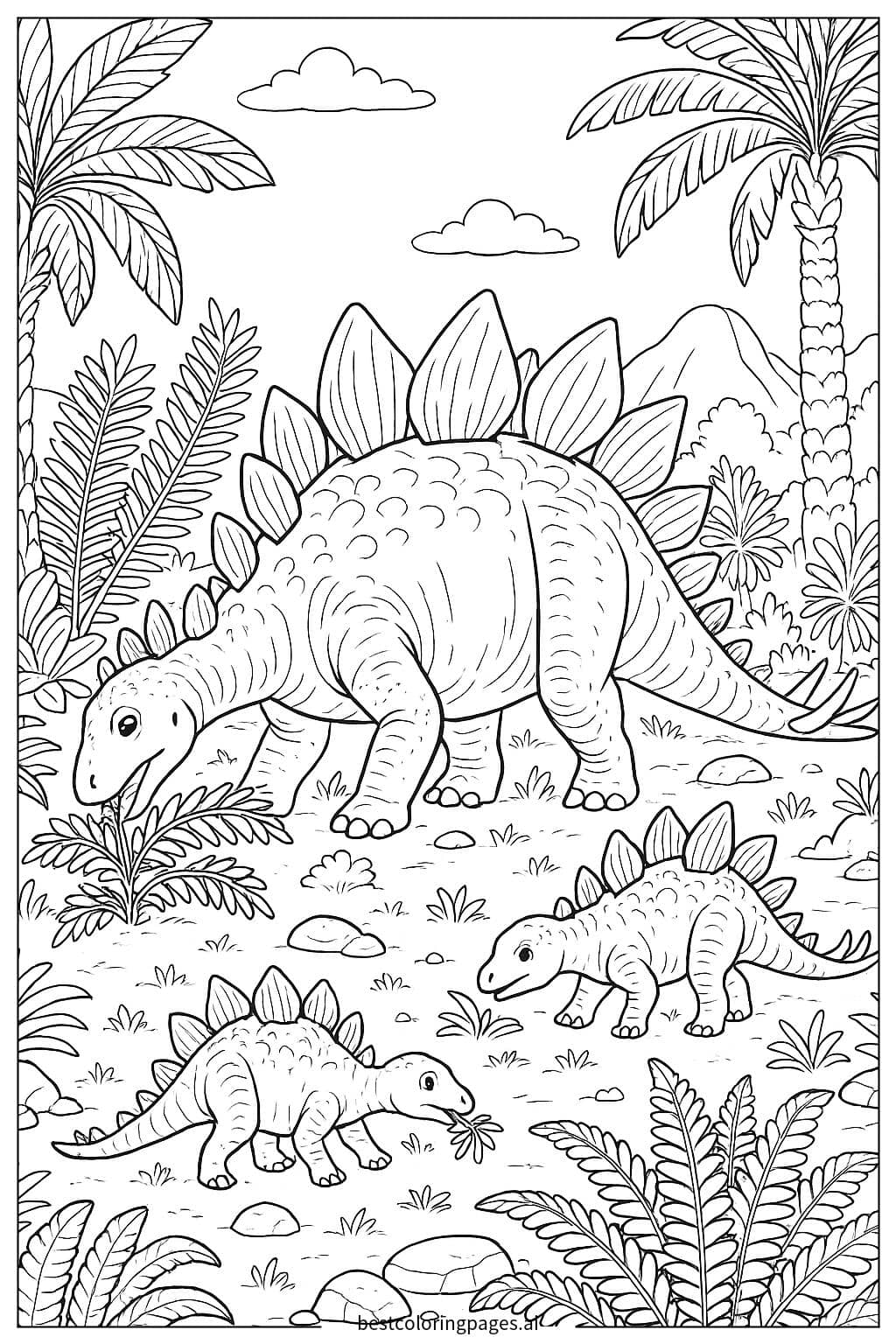 Peaceful Stegosaurus Family Grazing Coloring Page