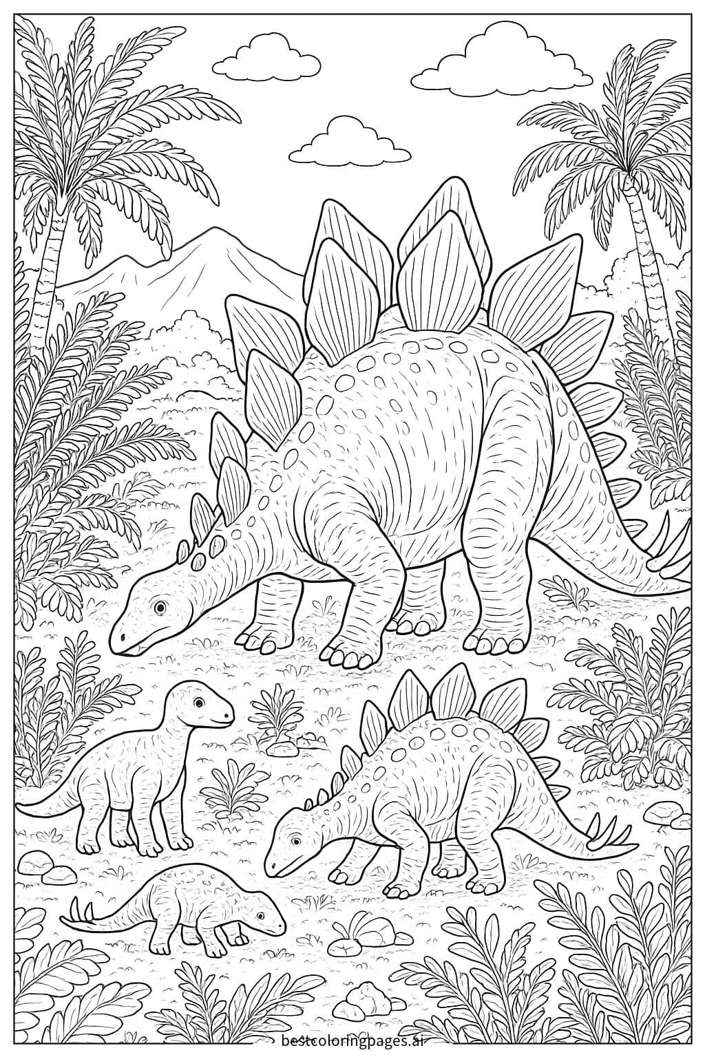 Desenhos de Família de Estegossauros Pastando Juntos para Colorir