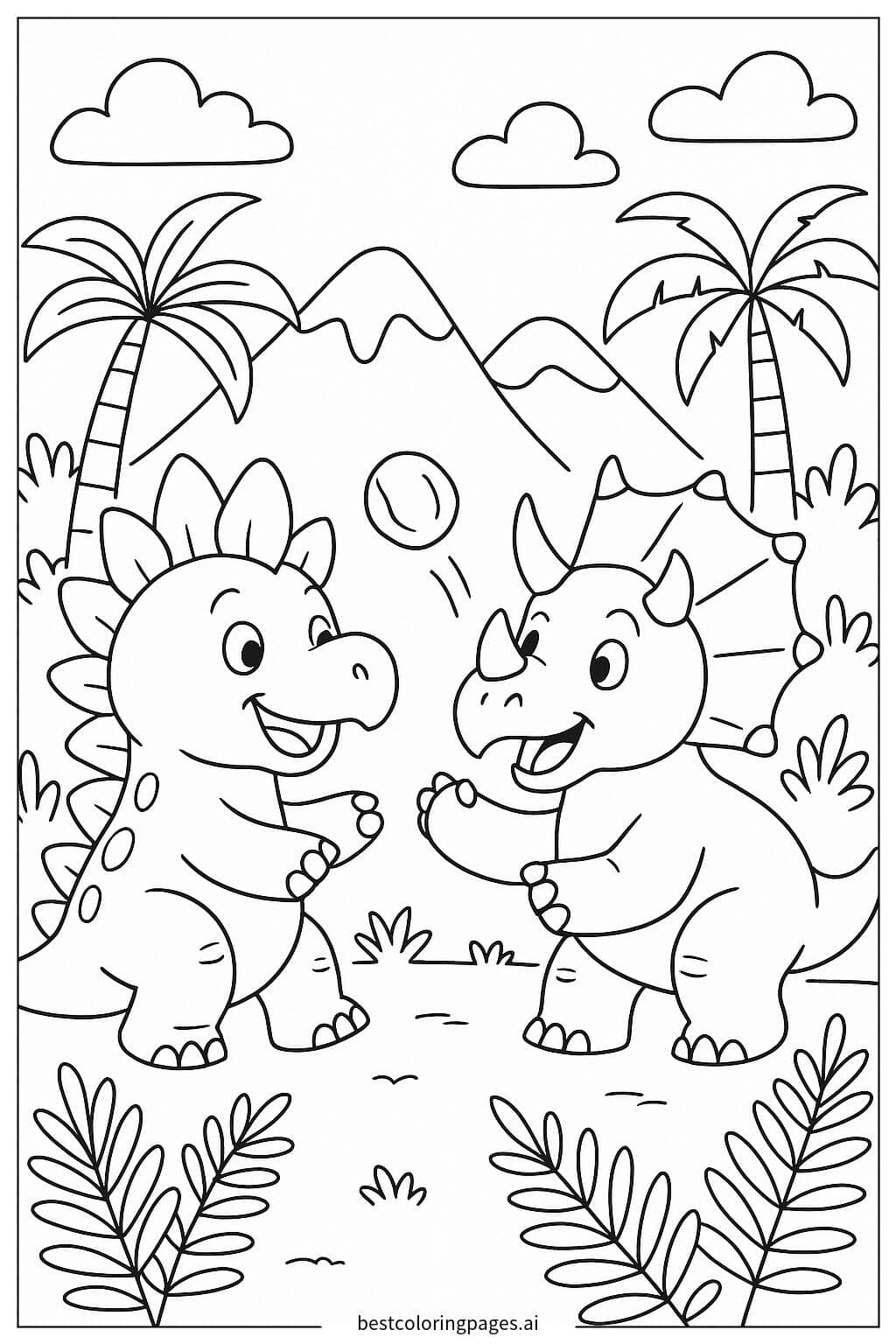 Desenhos de Estegossauro brincando com um Tricerátopo para Colorir