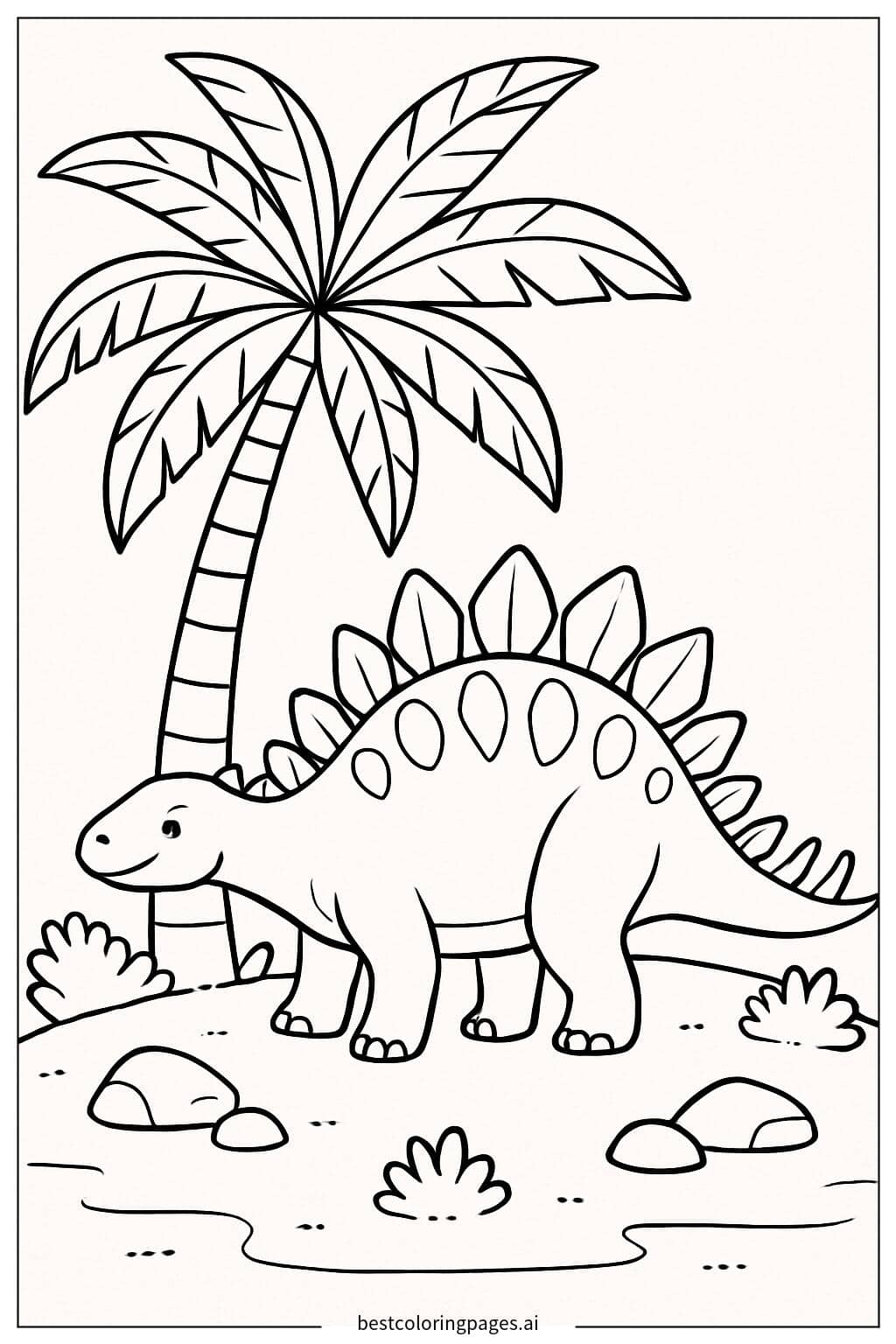 Stegosaurus under a Palm Tree Coloring Page