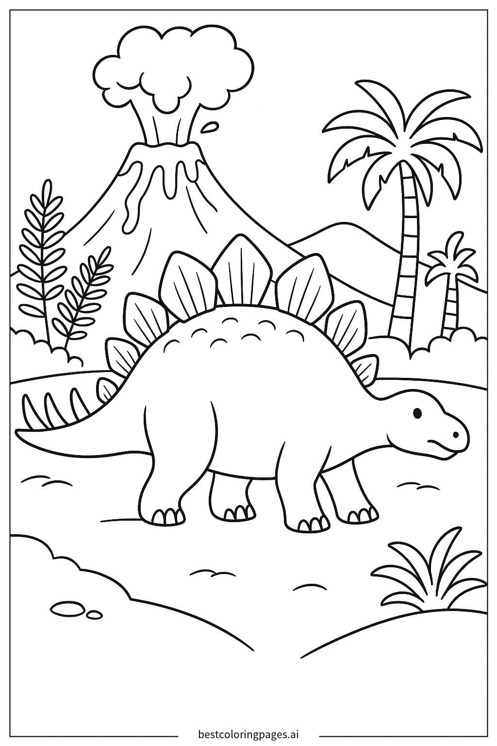 Stegosaurus with a Volcano Background Coloring Page