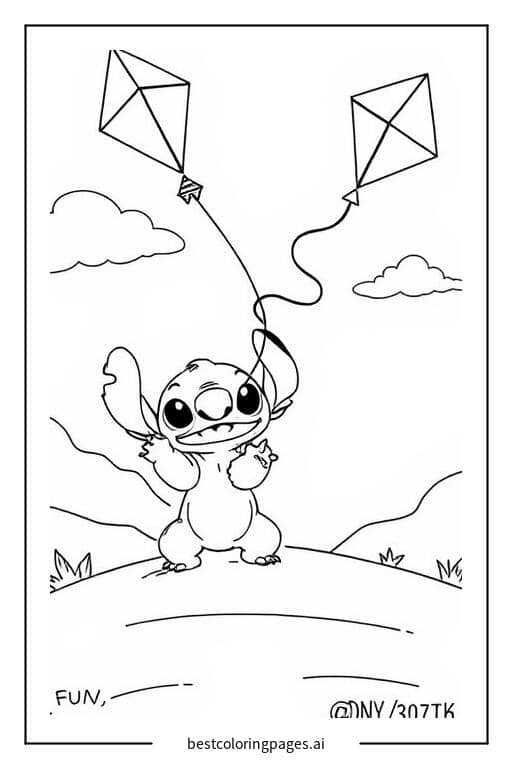 Desenhos de Stitch empinando uma pipa para Colorir