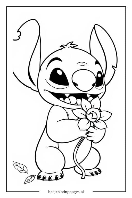 Desenhos de Stitch segurando uma flor para Colorir