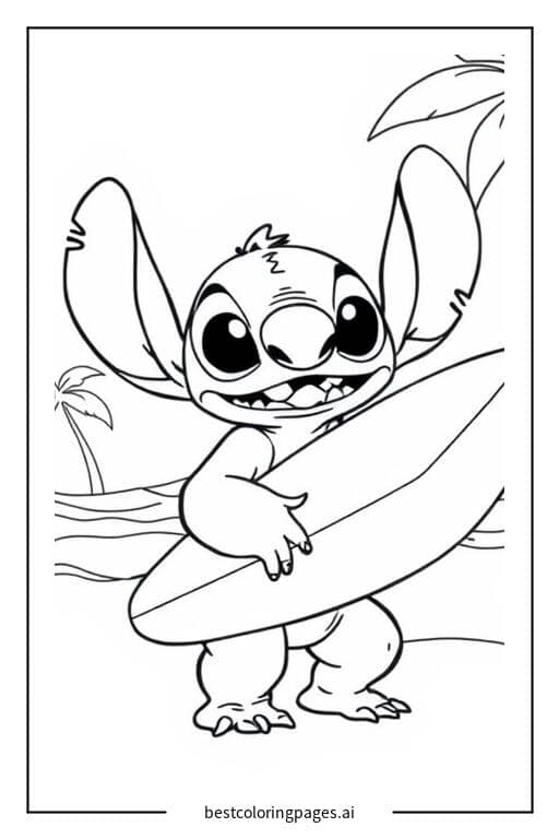 Desenhos de Stitch segurando uma prancha de surfe na praia para Colorir