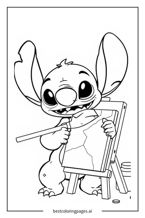 Desenhos de Stitch pintando um quadro para Colorir