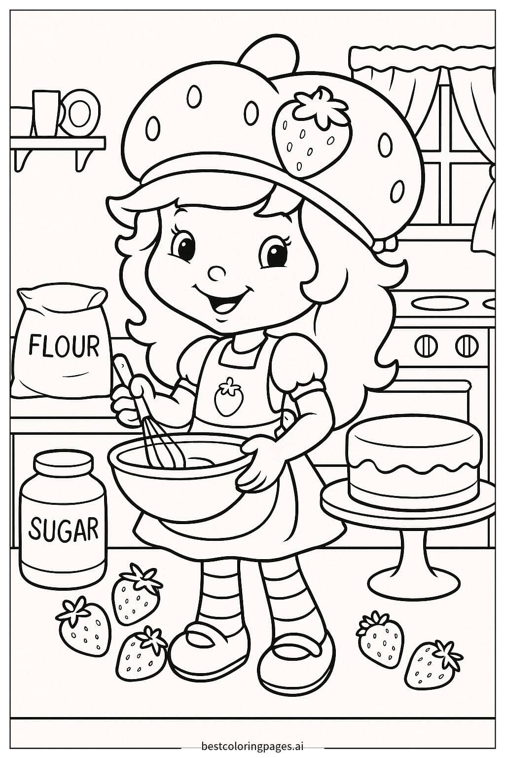 Strawberry Shortcake Baking a Cake Coloring Page
