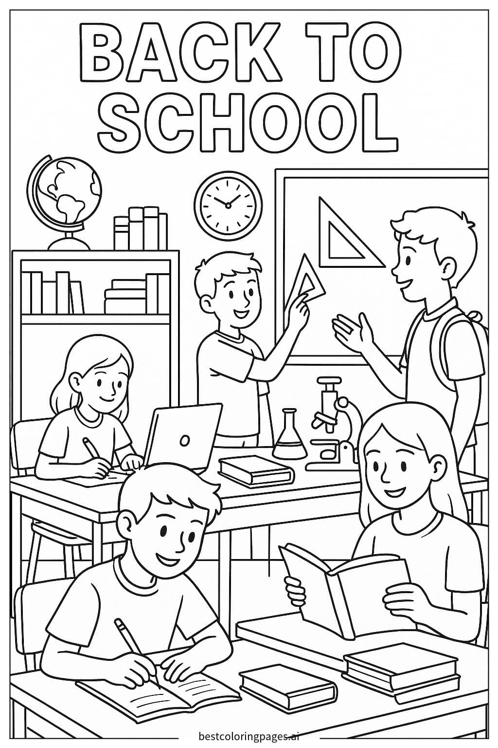 忙碌教室里的学生 涂色页
