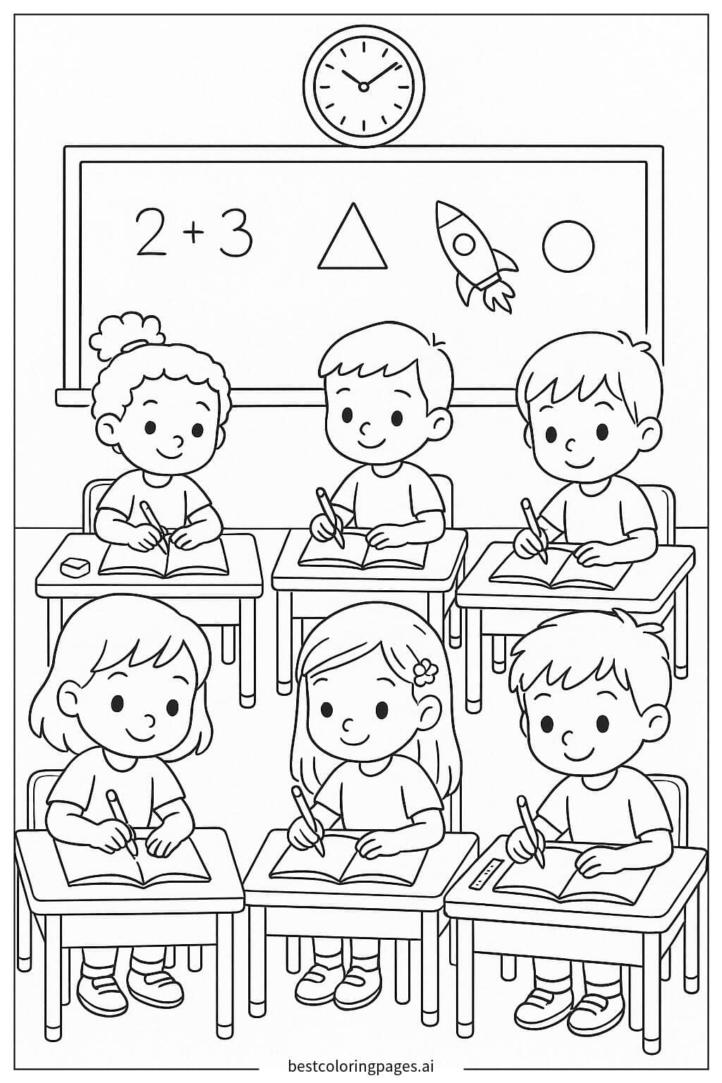 Students Writing at Desks Coloring Page