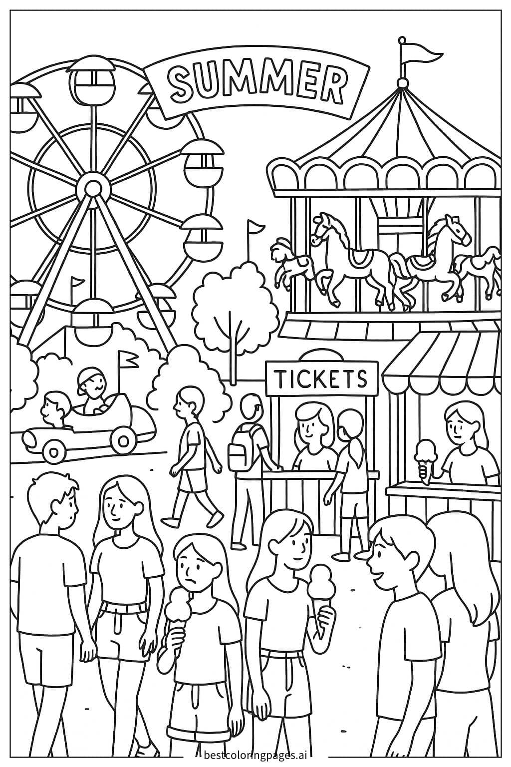 Sommerkirmes mit Fahrgeschäften Ausmalbilder