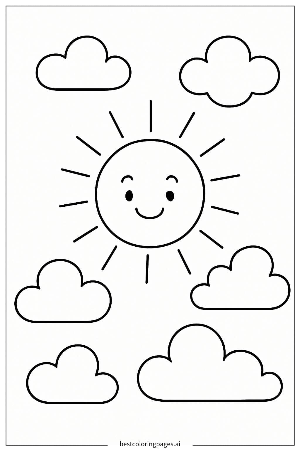 Desenhos de Sol brilhando entre as nuvens para Colorir