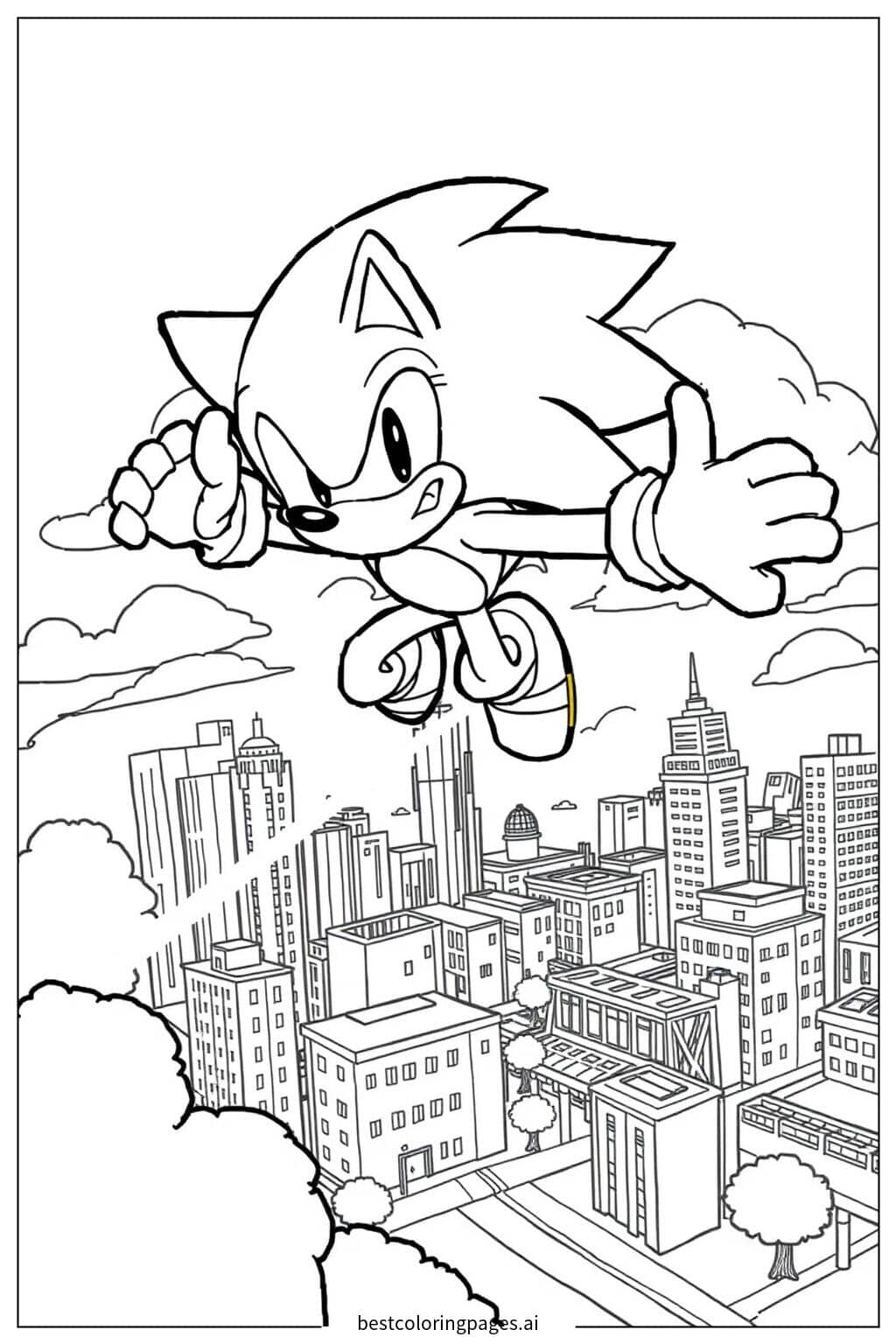 Super Sonic Flying Over a City Coloring Page