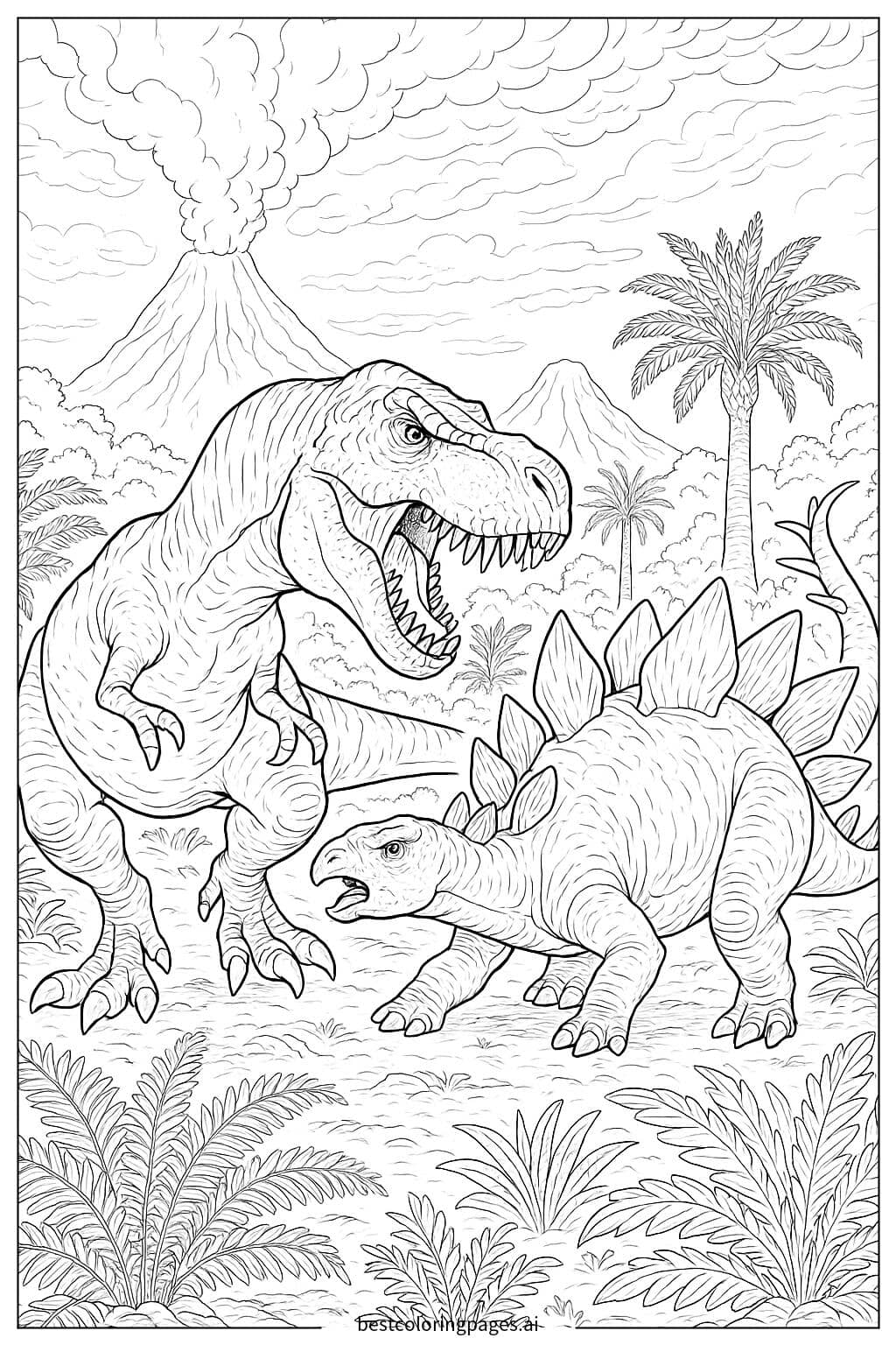 Desenhos de T-Rex lutando contra um estegossauro para Colorir