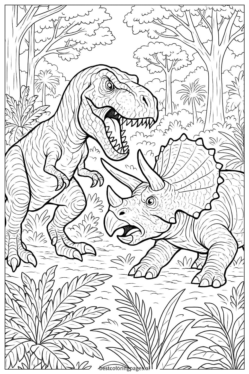 Desenhos de T-Rex lutando contra um Triceratops para Colorir