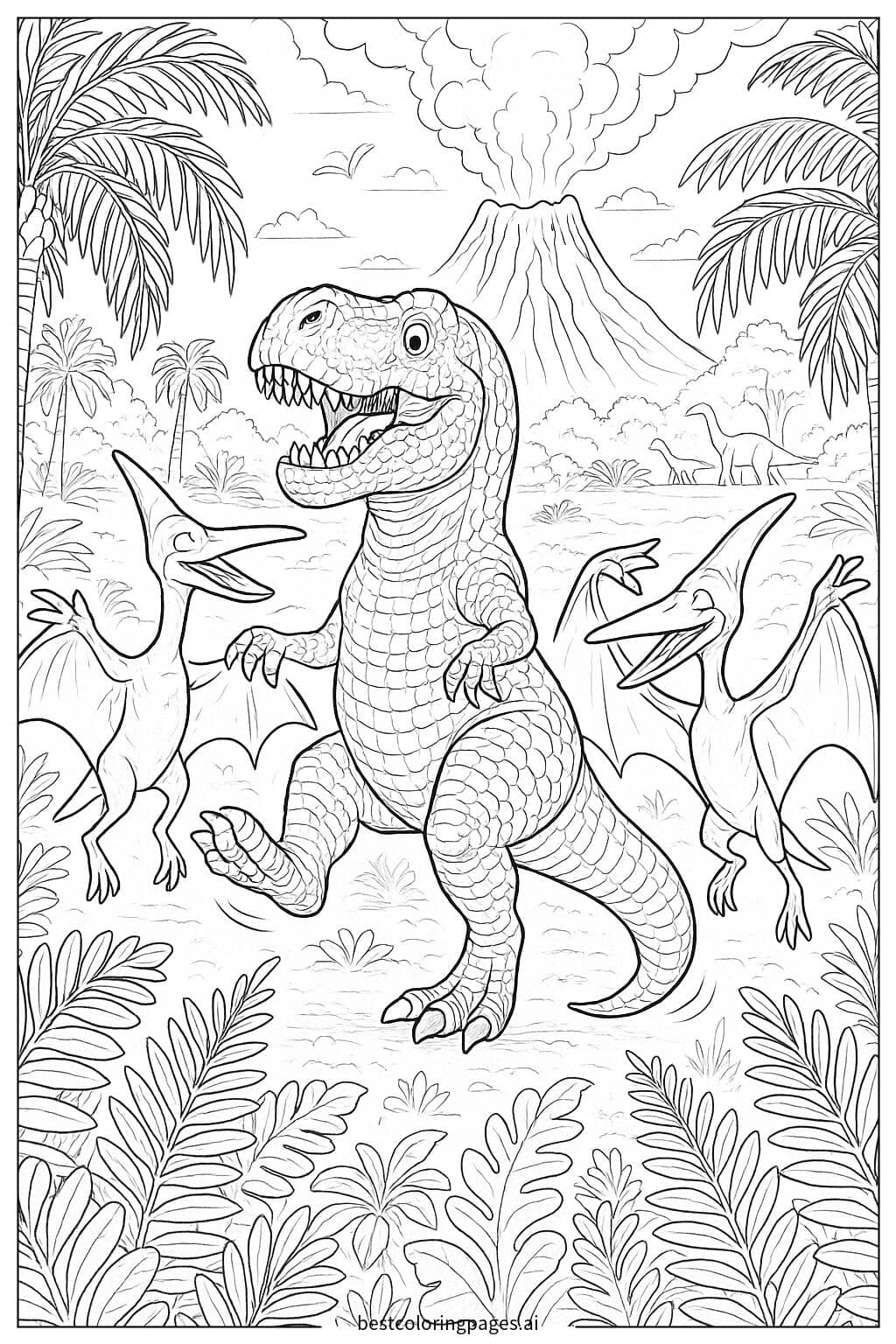 T-Rex Dancing with Pterodactyls Coloring Page