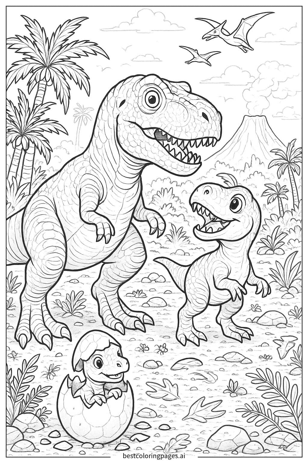 Desenhos de Família de T-Rex em uma paisagem pré-histórica para Colorir