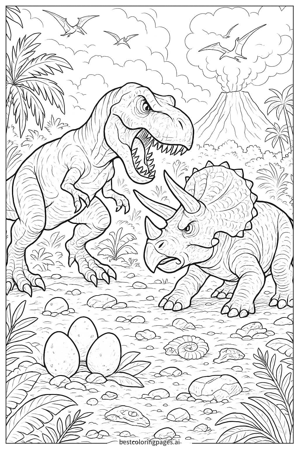 Epic Dinosaur Battle: T-Rex vs. Triceratops Coloring Page