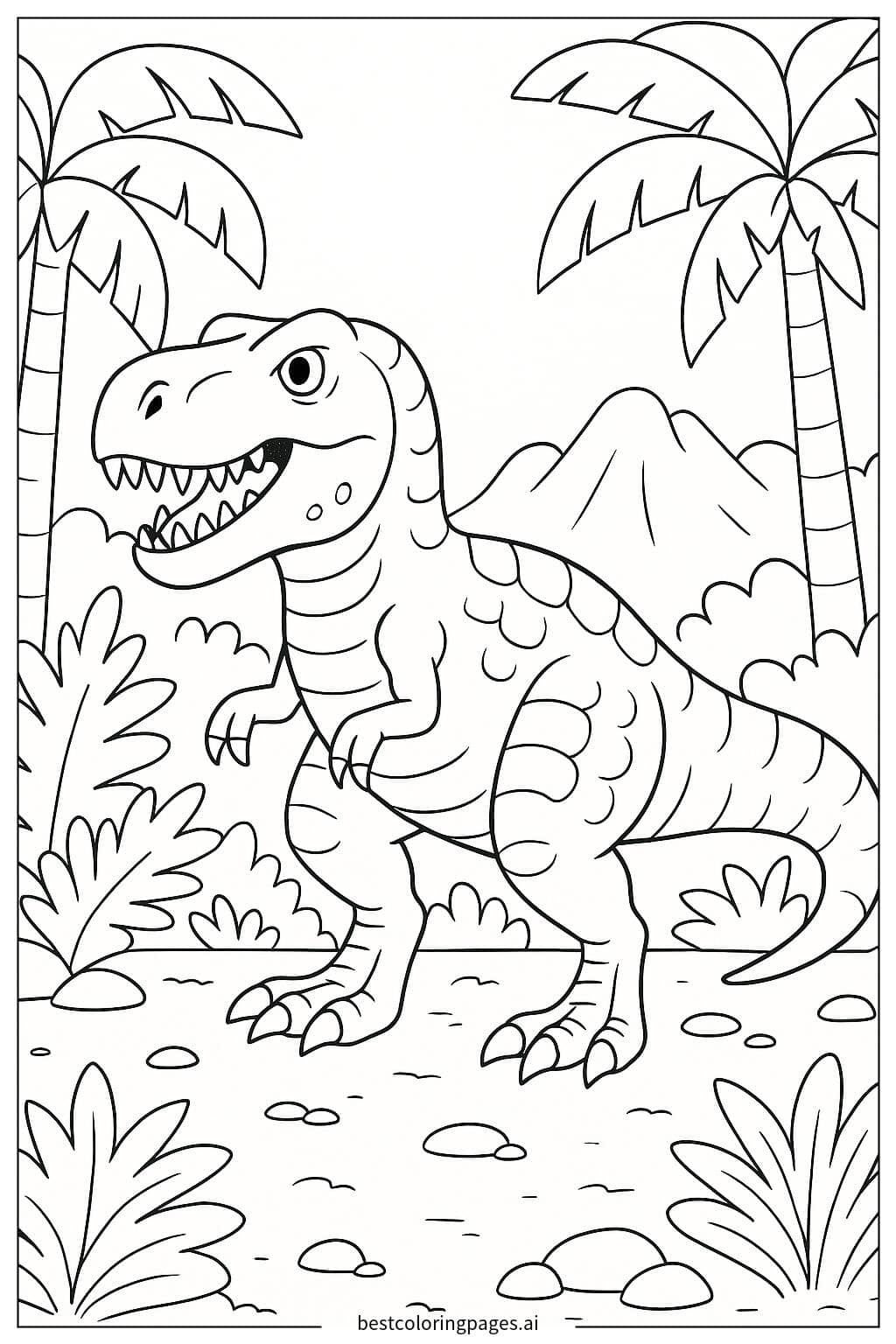 Desenhos de T-Rex em um cenário de selva para Colorir