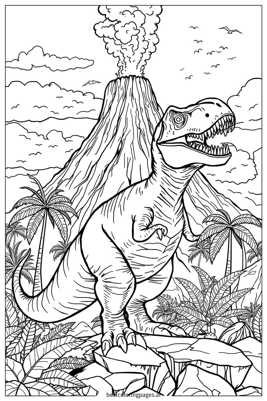 T-Rex Roaring at a Volcano Coloring Page
