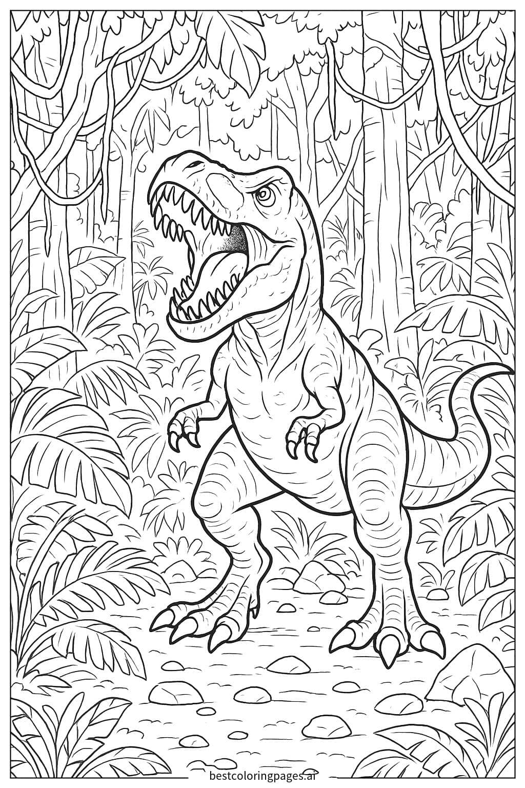 T-Rex Roaring in a Dense Jungle Coloring Page