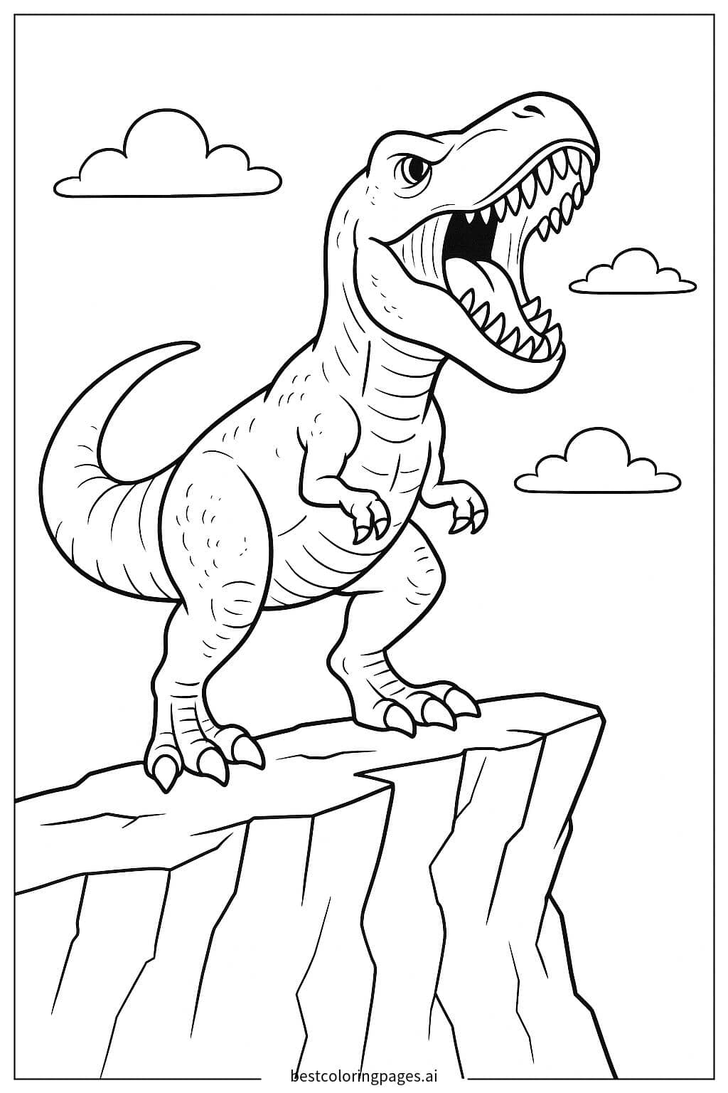 T-Rex Roaring on a Cliff Coloring Page