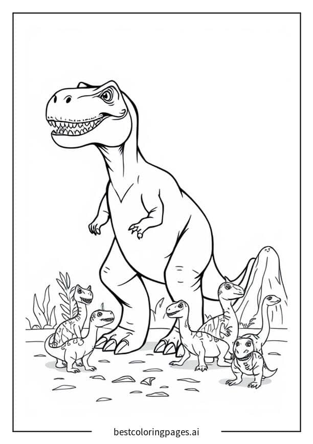 T-Rex mit einer Gruppe kleiner Dinosaurier Ausmalbilder