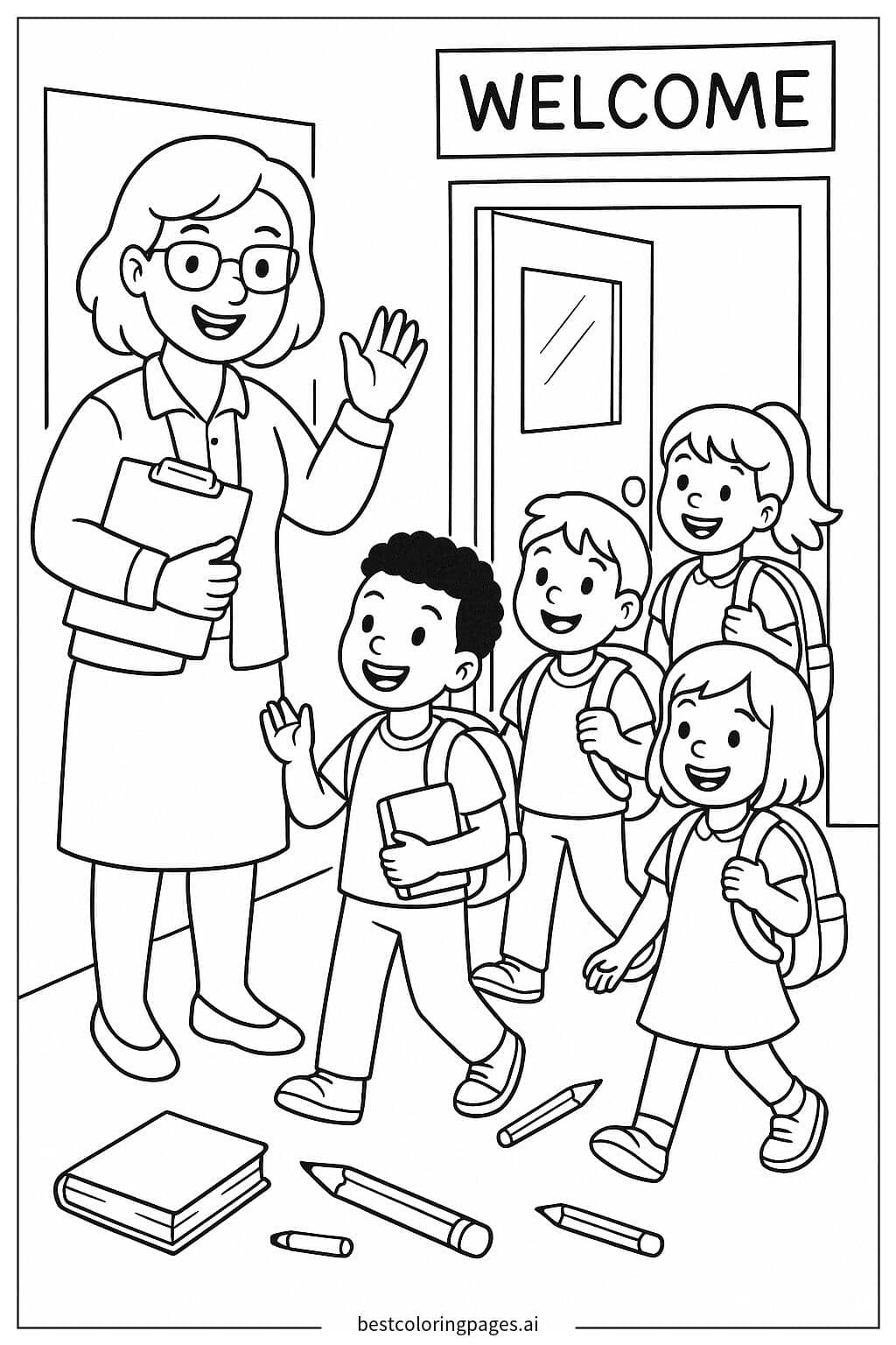 Teacher Welcoming Students Back to School Coloring Page