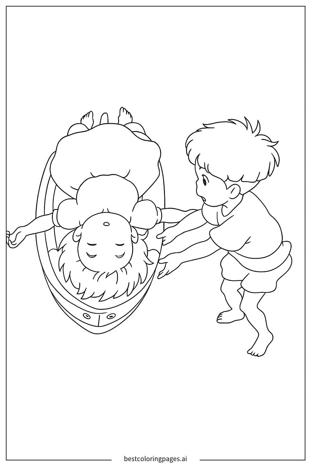 小男孩帮助小女孩 涂色页