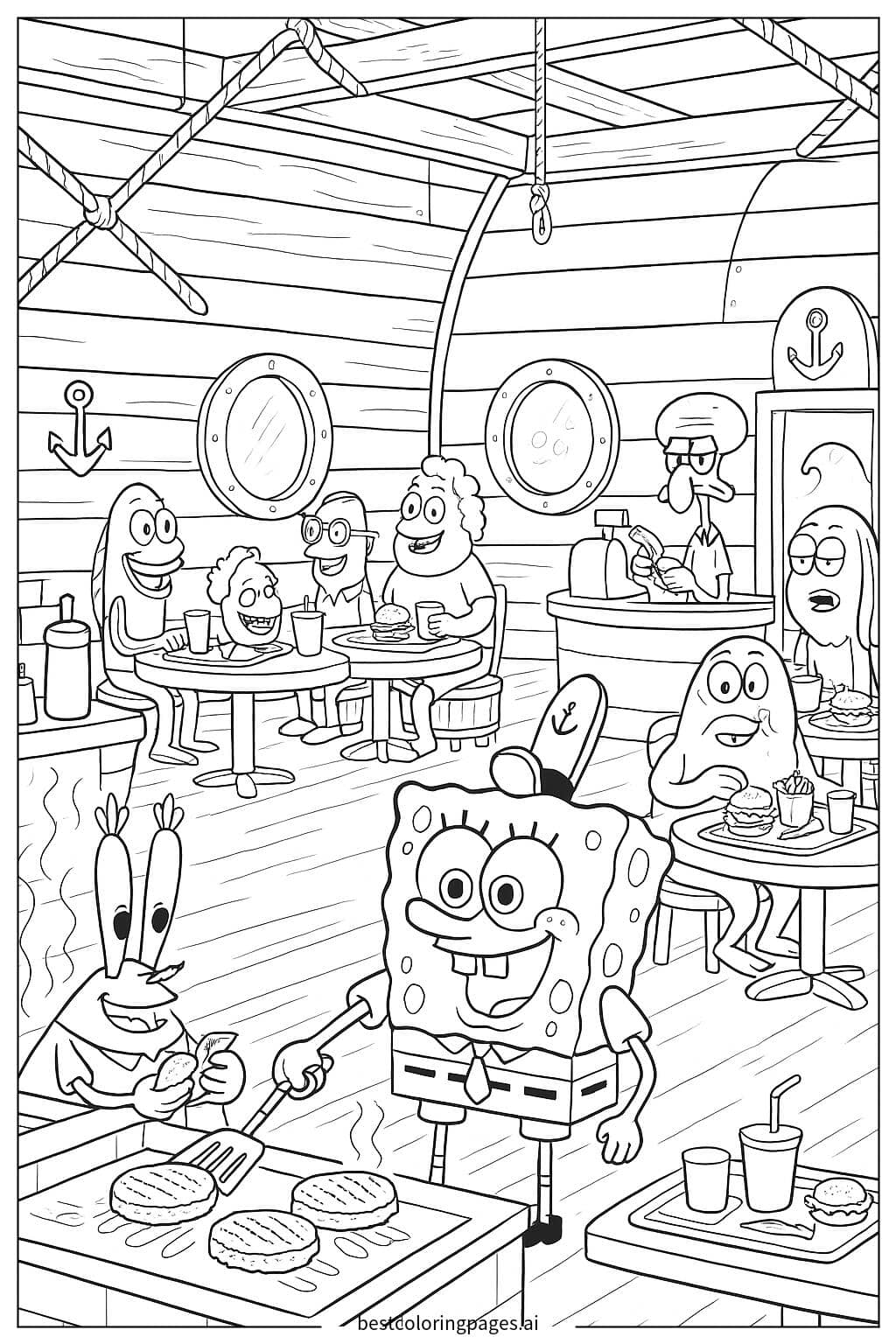 The Krusty Krab Lunch Rush Coloring Page