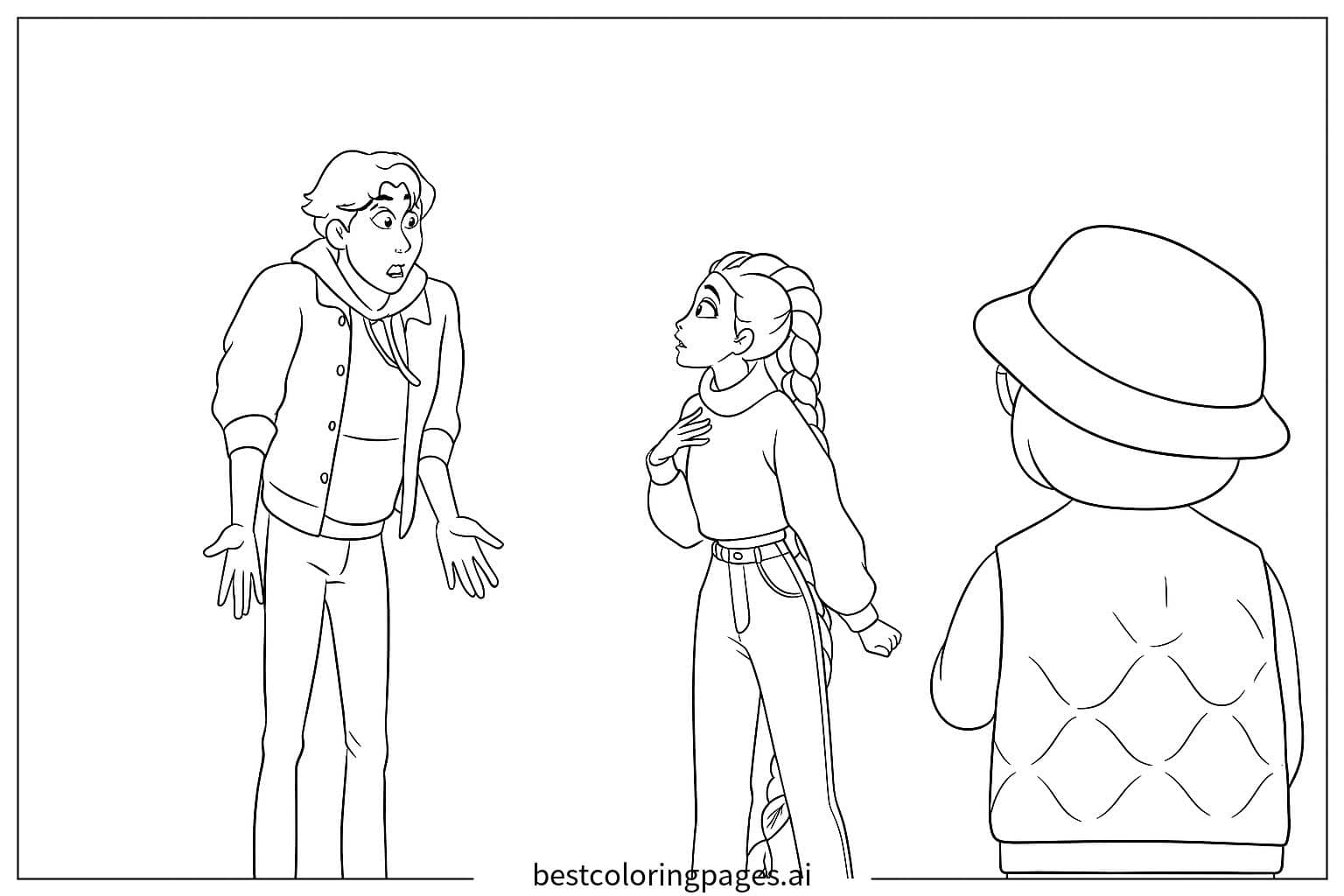 Dibujos de Los tres personajes están hablando. para Colorear