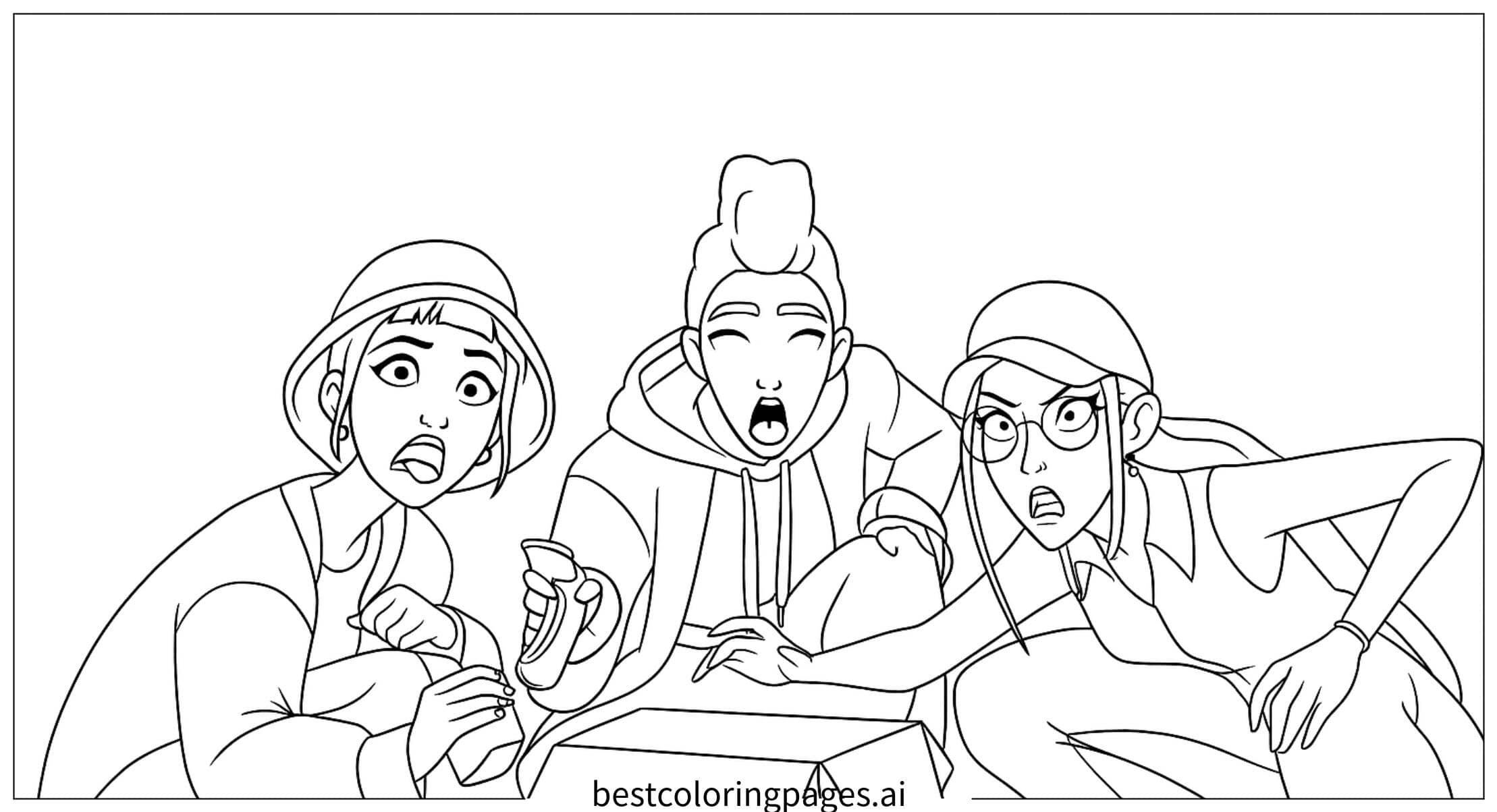 Dibujos de Las tres chicas están sorprendidas para Colorear