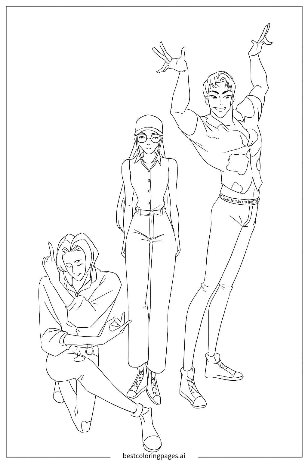 Dibujos de Tres amigos posando como cazadores de demonios de Kpop para Colorear