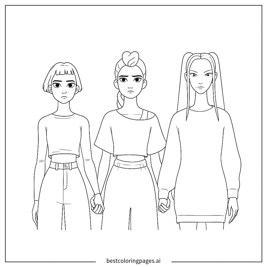 Dibujos de Tres chicas cogidas de la mano para Colorear