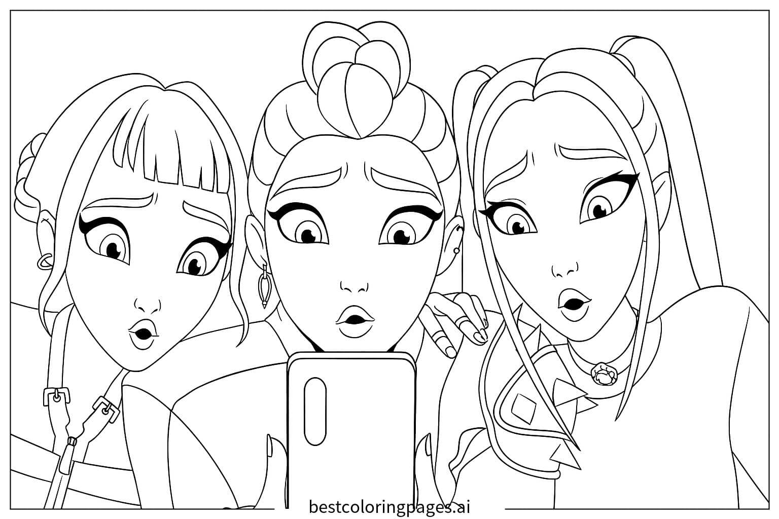 Dibujos de Tres chicas tomándose una selfie para Colorear