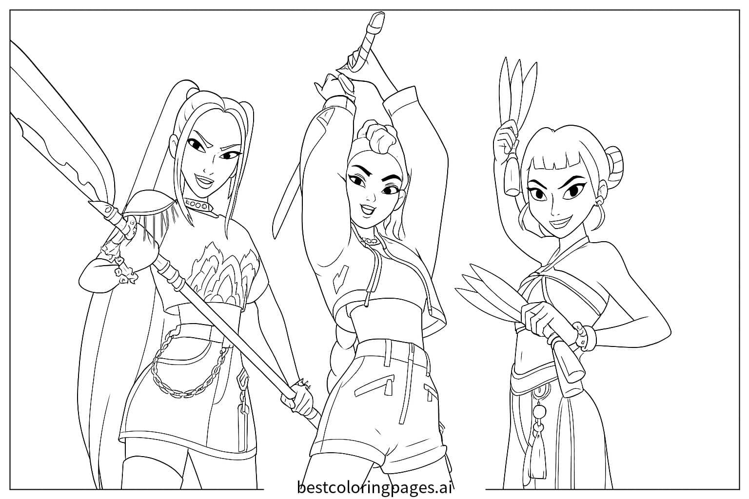 Dibujos de Tres chicas empuñan armas para Colorear