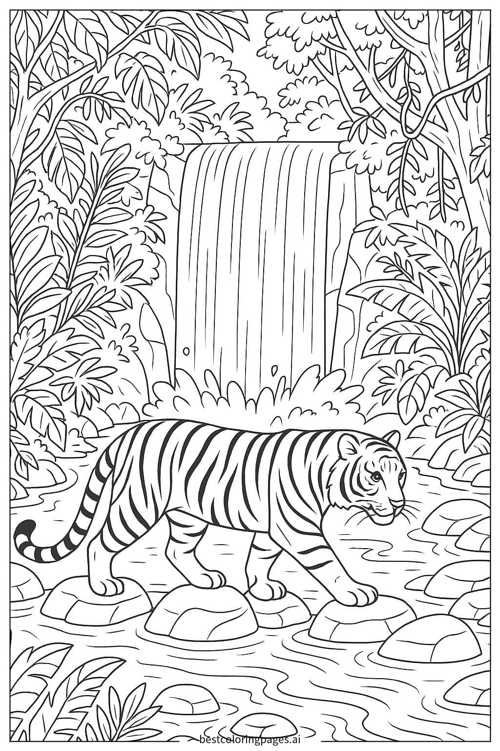 Tiger Crossing a Waterfall Coloring Page