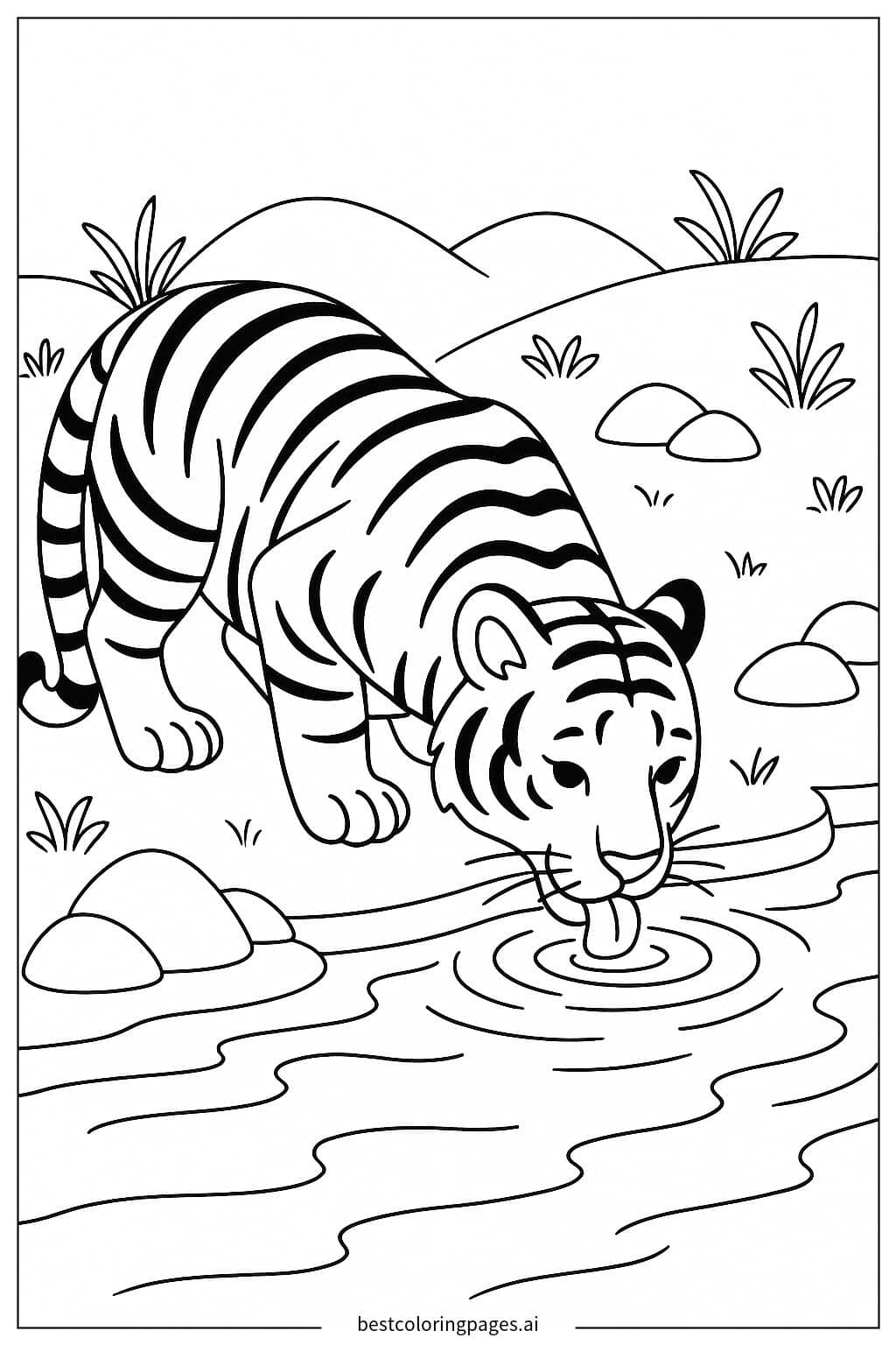 Tiger Drinking from the River Coloring Page