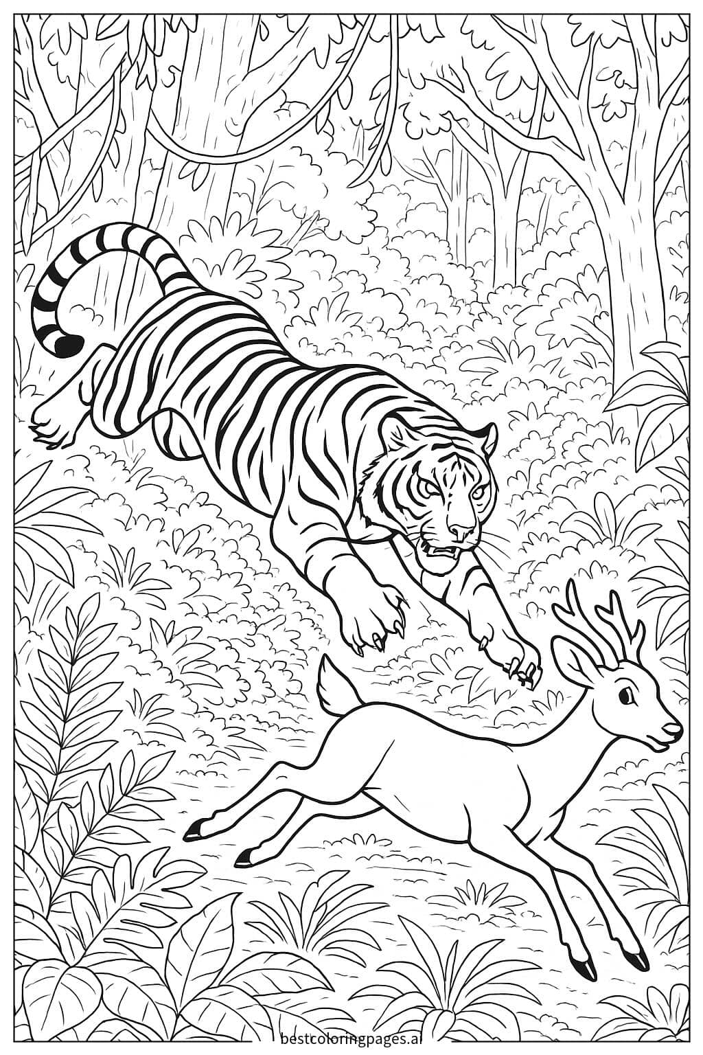 Tiger Chasing Deer in Dense Jungle Coloring Page