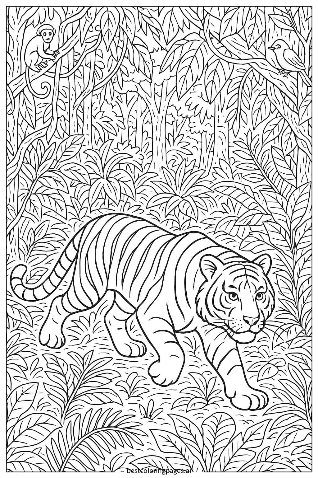Tiger Hunting in a Dense Jungle Coloring Page