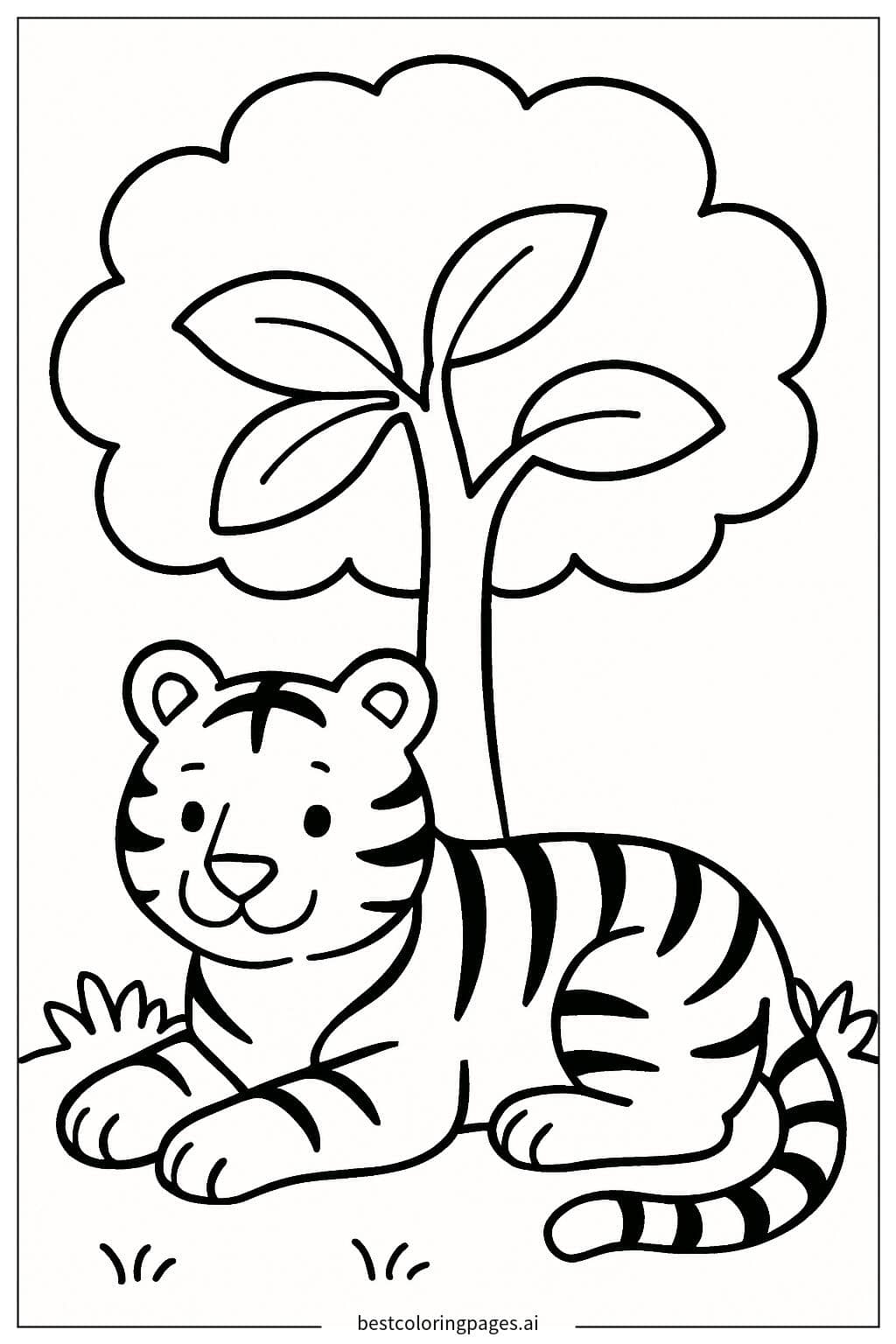 Tiger Resting Under a Tree Coloring Page