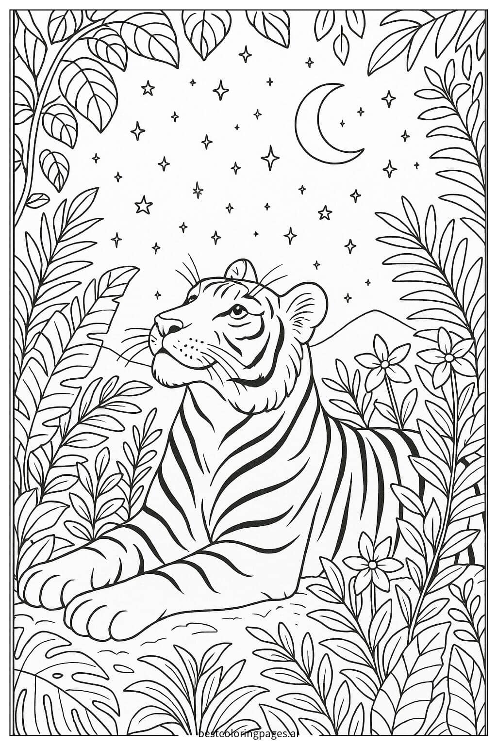 Tiger Resting Under a Starry Night Sky Coloring Page