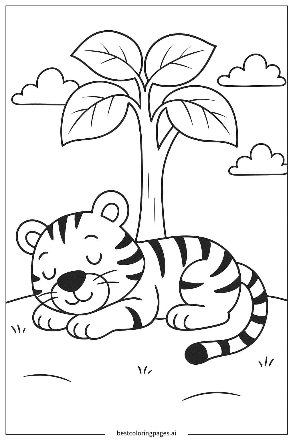 木の下で眠るトラ のぬりえ