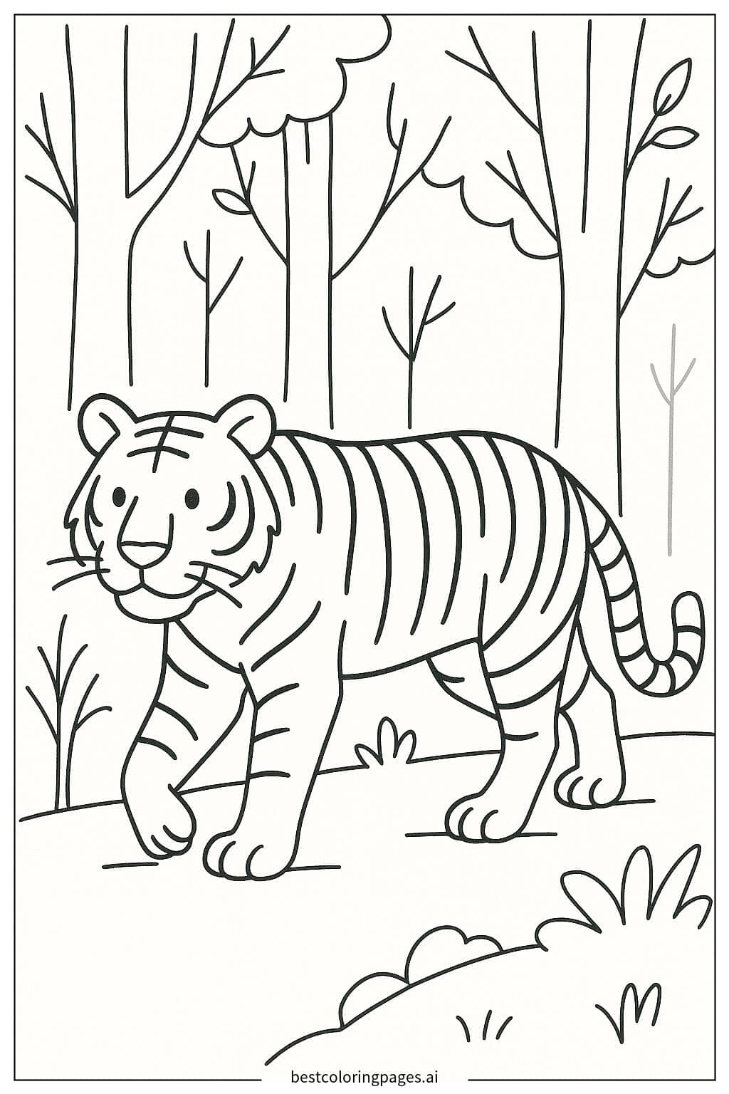 Tiger Walking in the Forest Coloring Page