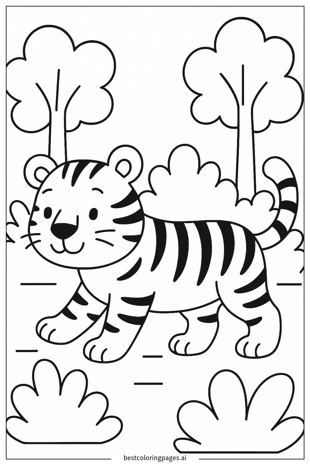 ジャングルを歩くトラ のぬりえ