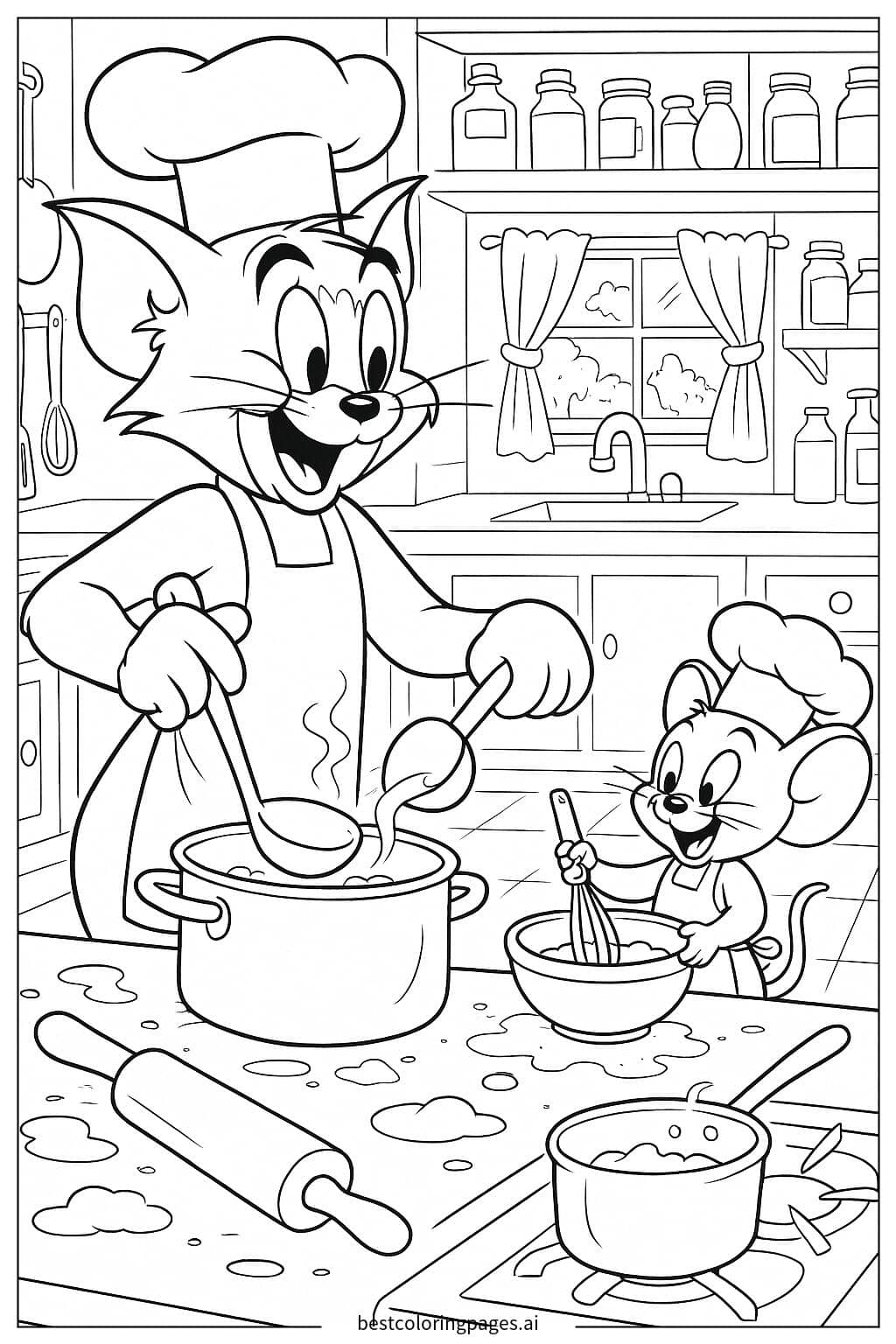 Tom and Jerry Cooking in the Kitchen Coloring Page