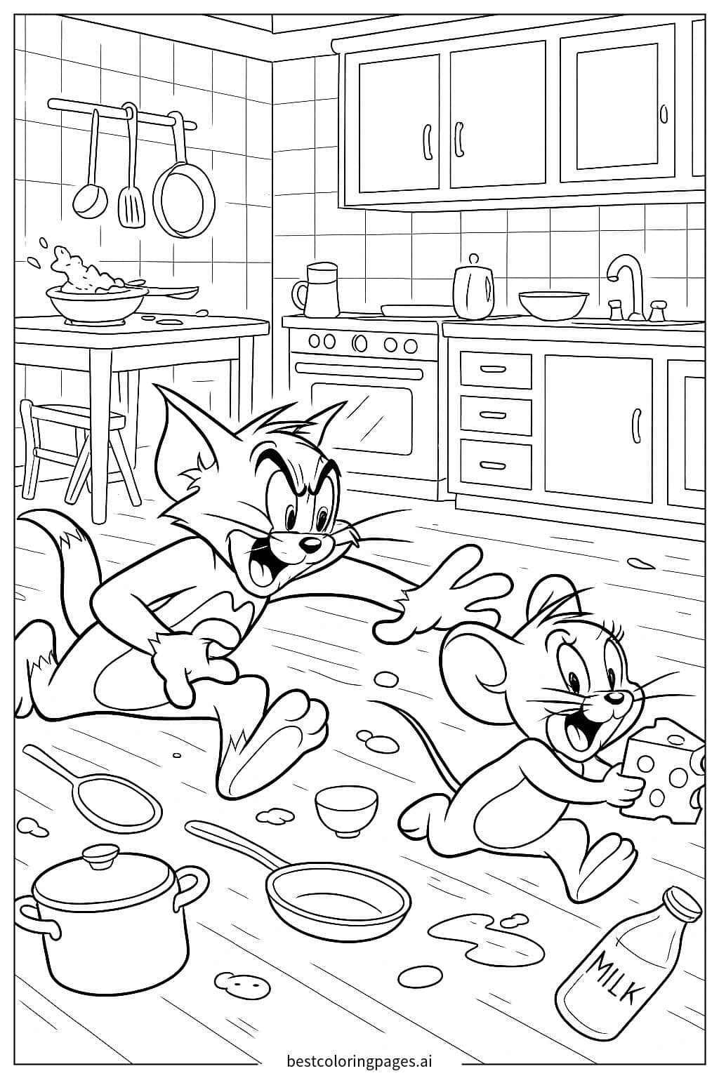 Tom and Jerry's Kitchen Chase Adventure Coloring Page