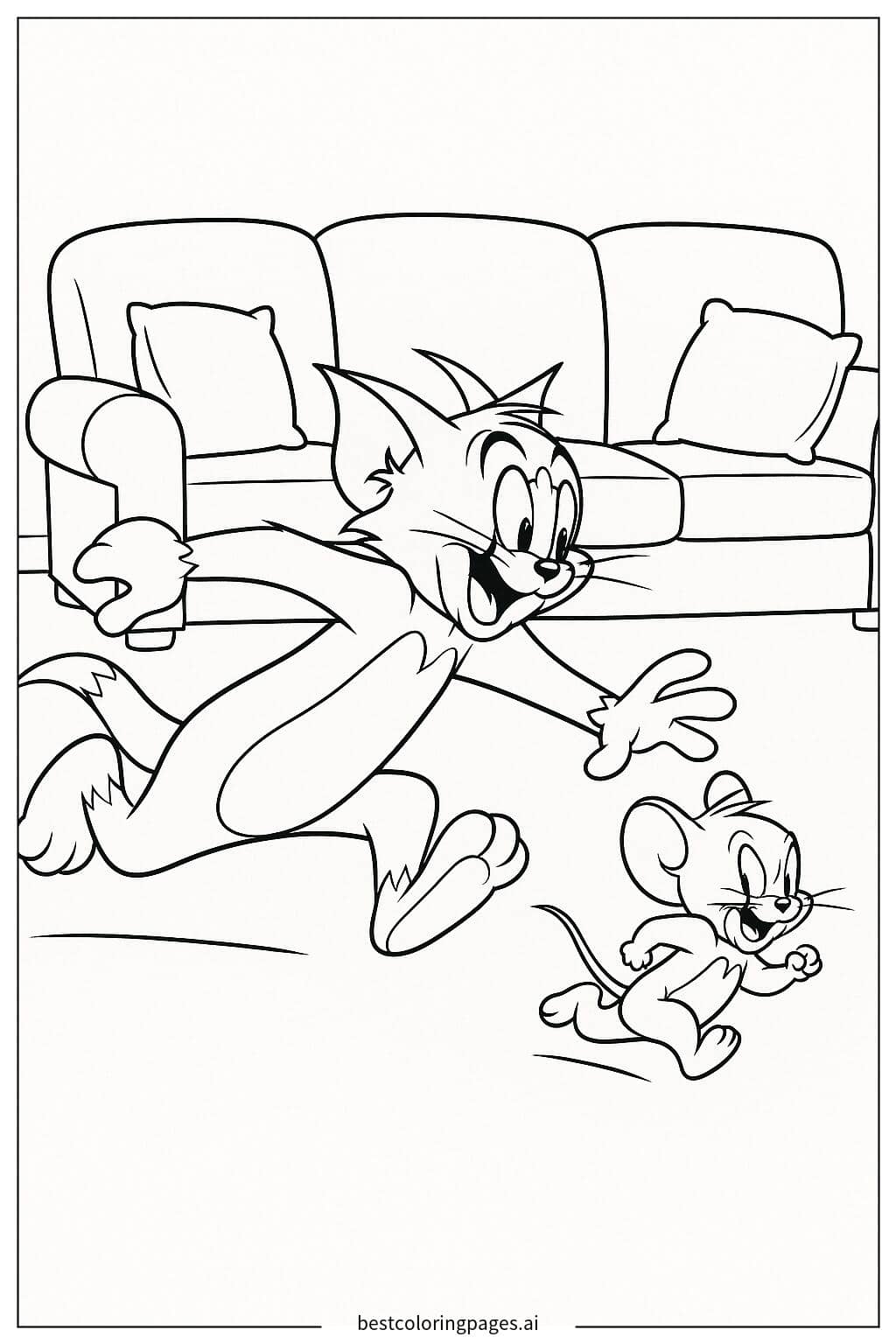 Tom Chasing Jerry Around the Sofa Coloring Page