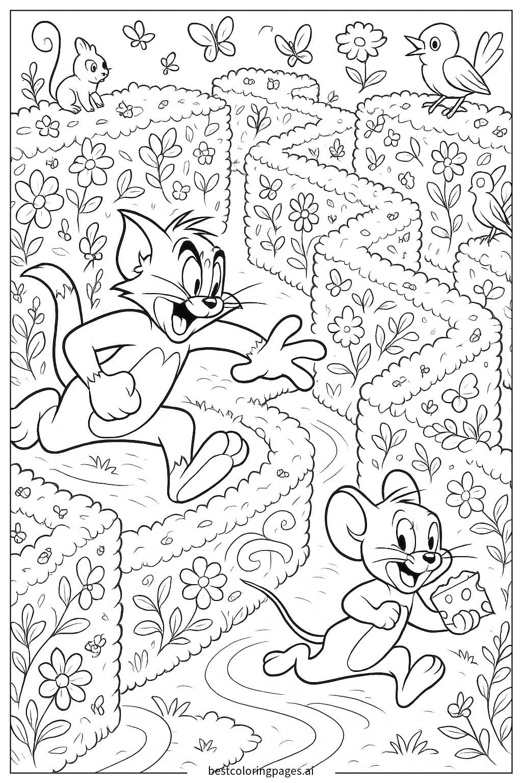 Tom Chasing Jerry Through a Garden Maze Coloring Page