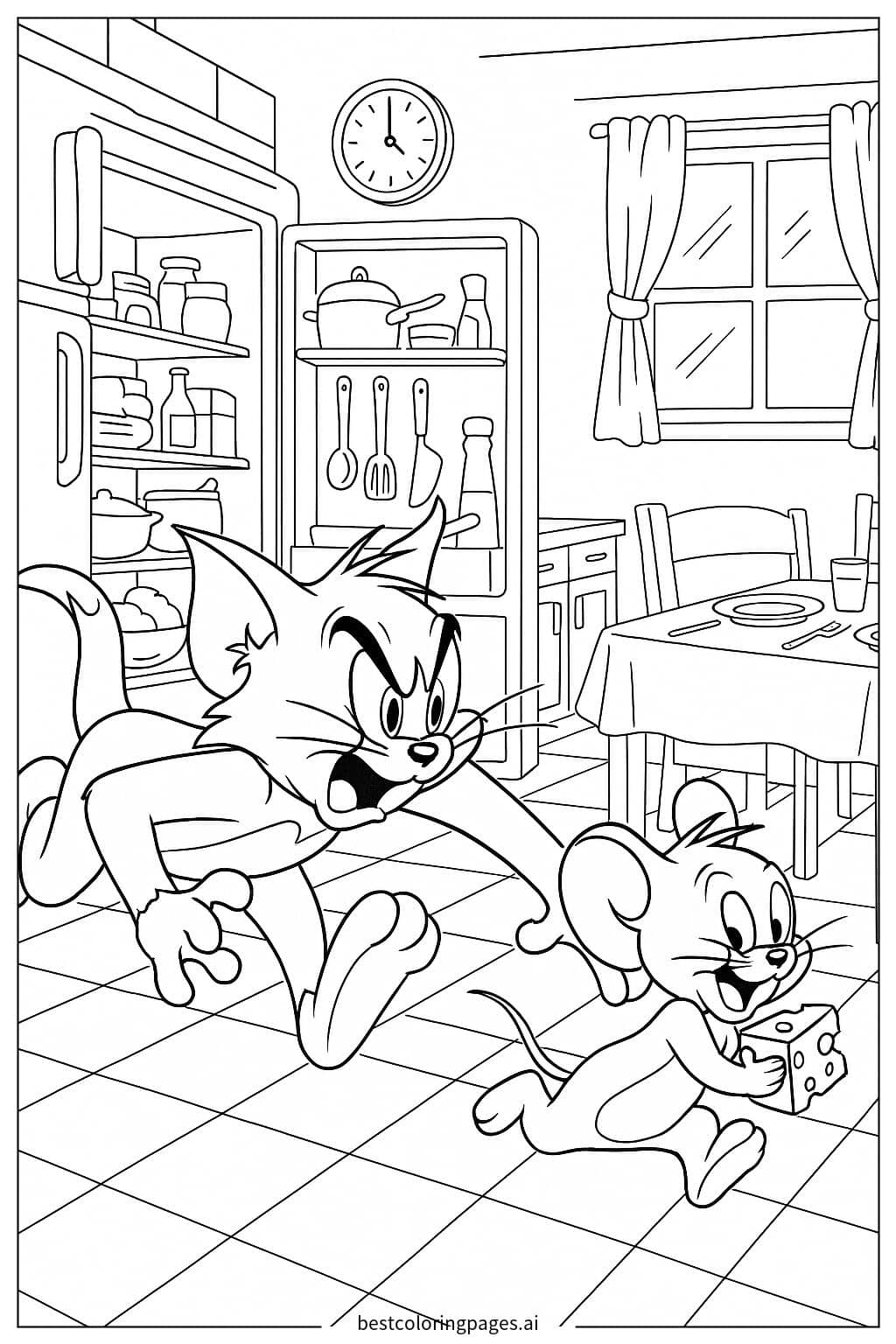 Tom Chasing Jerry Through the Kitchen Coloring Page