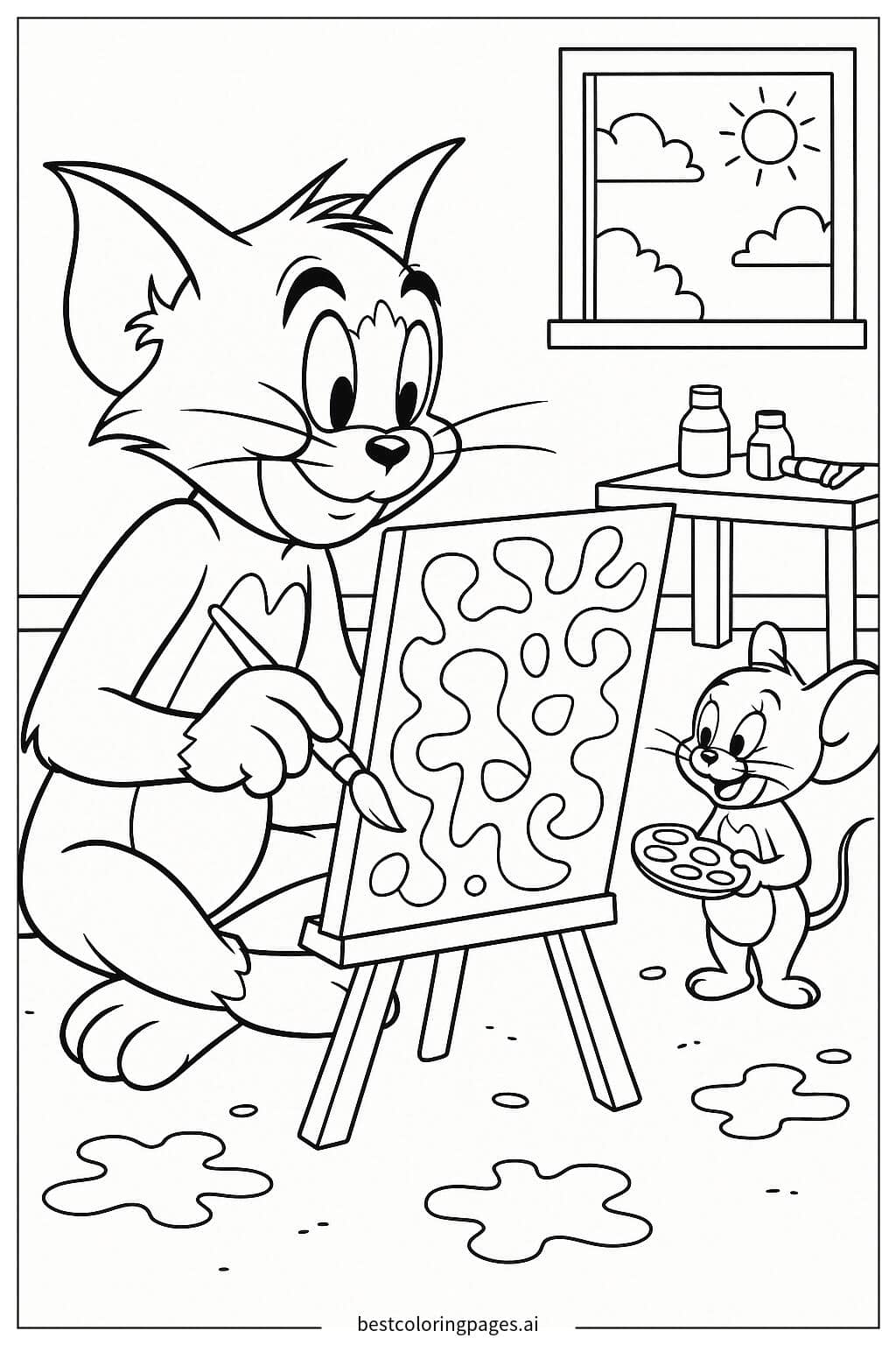 Tom Painting While Jerry Watches Coloring Page