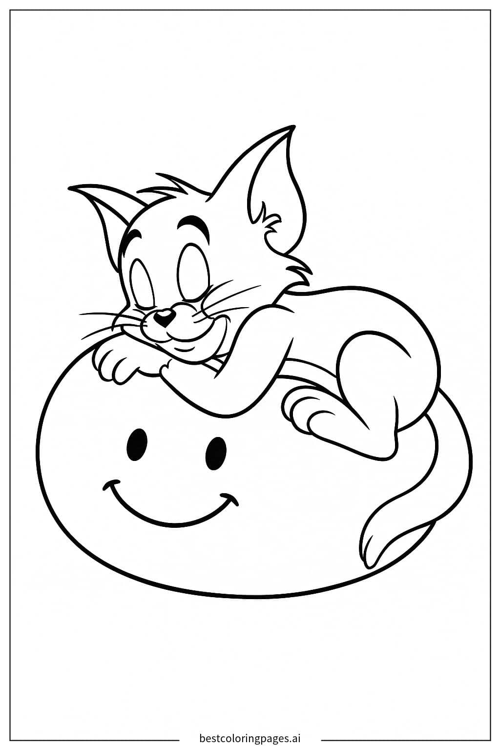 Tom Sleeping Peacefully on a Smiley Pillow Coloring Page